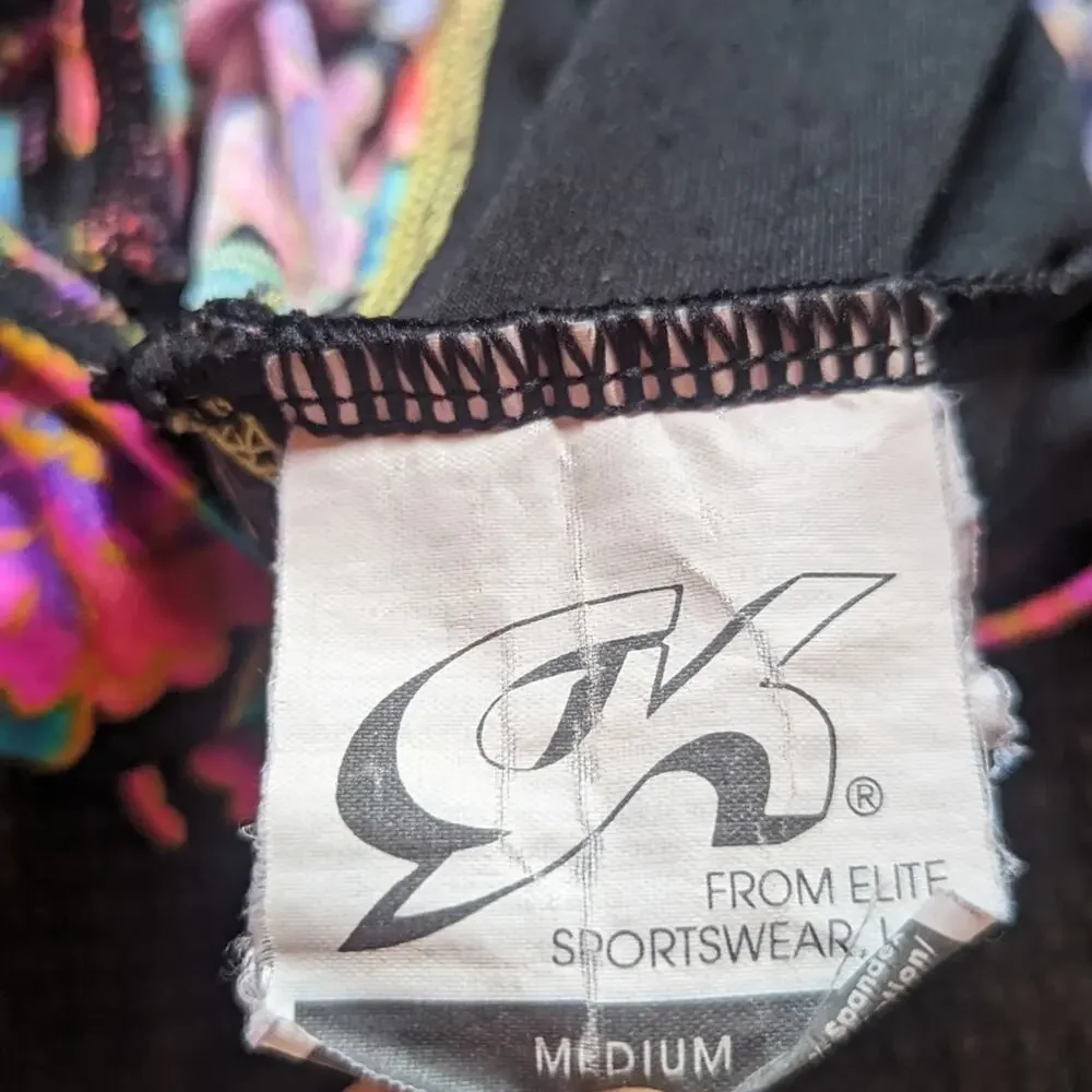 Vtg GK Unitard Girls Sz Medium (5-6) Gymnastics Black Velvet Floral 90s